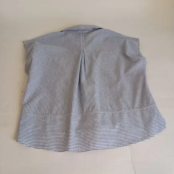 DKNY Comfy Blue White Stripe Linen Blend Sleeveless V-Neck Collared Shirt Wmn L - Picture 9 of 14
